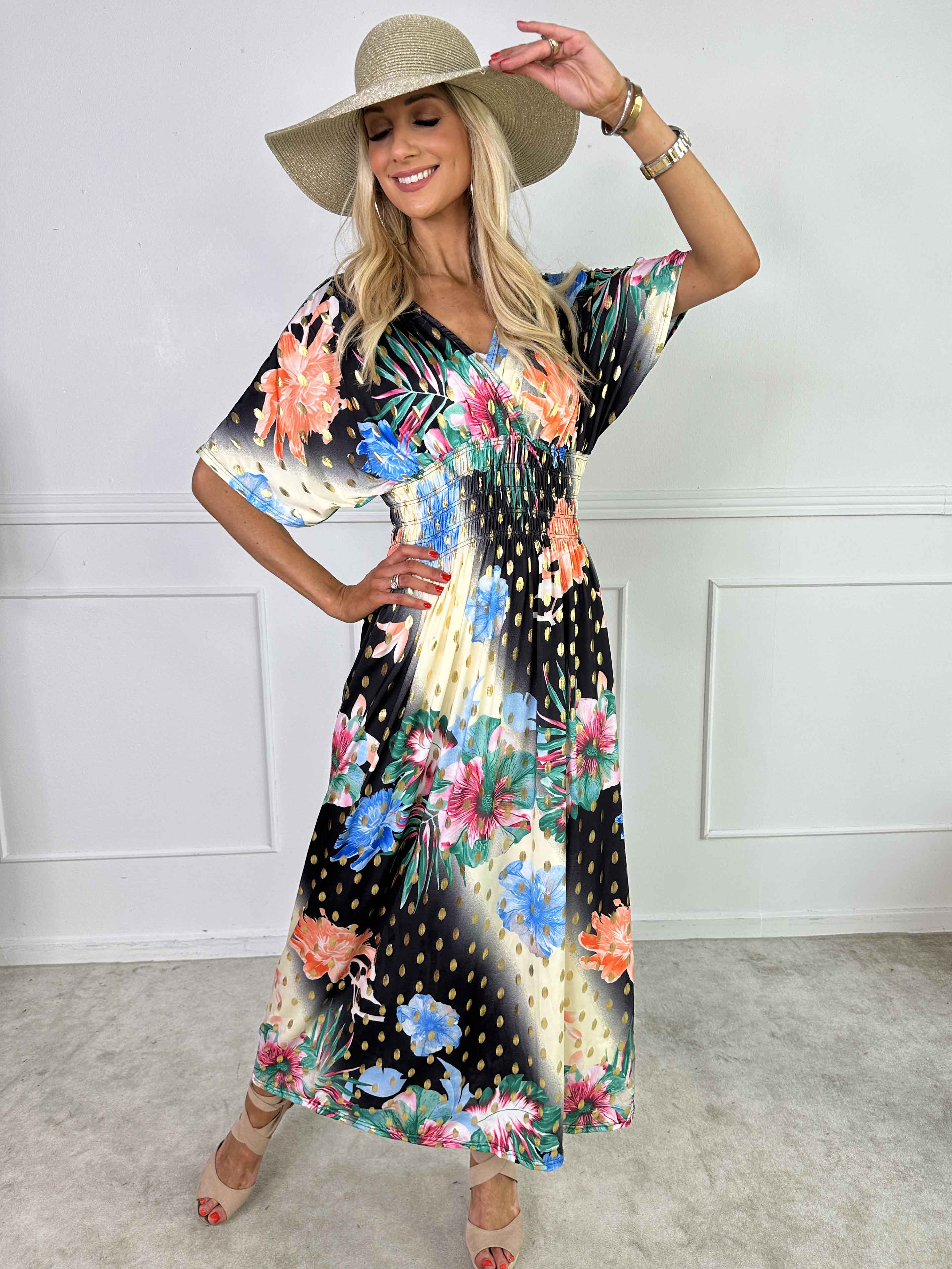 Pams Hawaii - Lång klänning i stretchtyg med blommönster